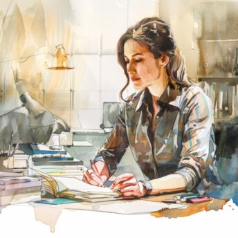 Professional woman in a watercolor office setting.