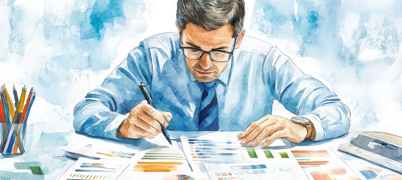 Budget review meeting office watercolor illustration professional environment close-up perspective financial analysis and planning