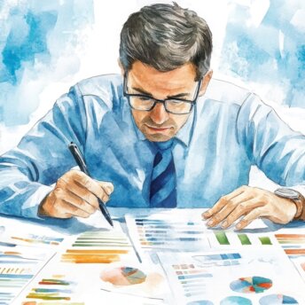 Budget review meeting office watercolor illustration professional environment close-up perspective financial analysis and planning