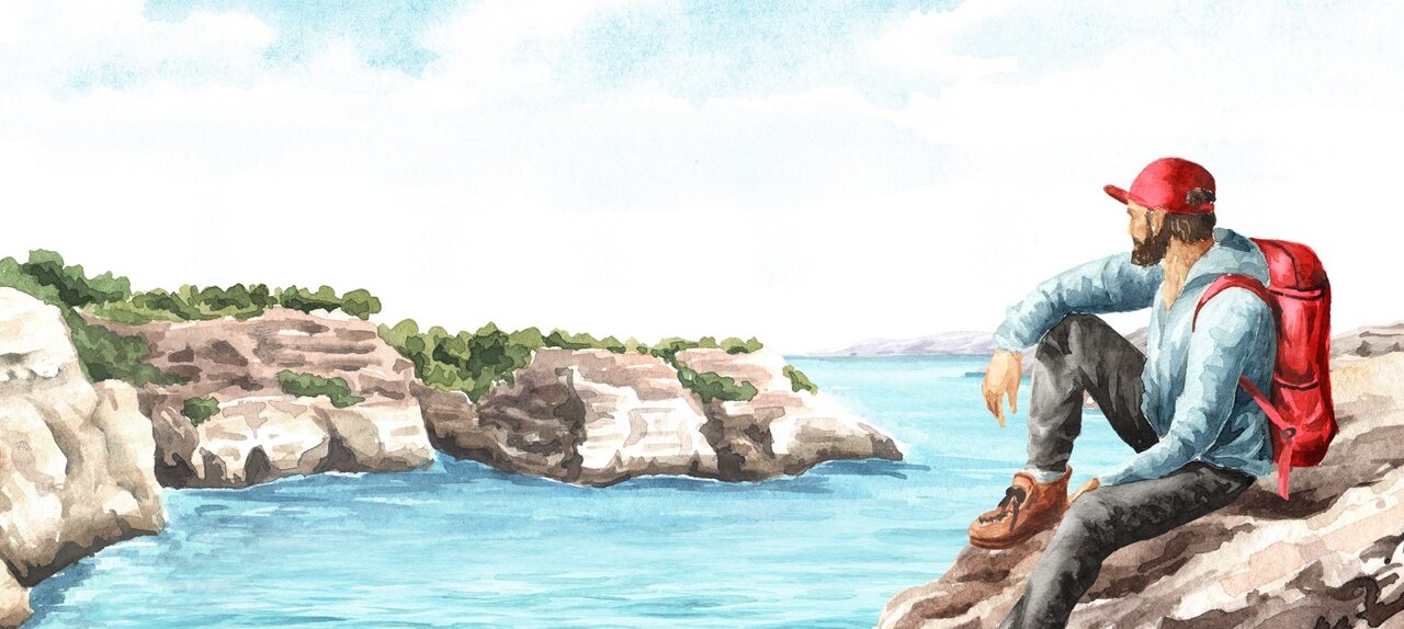 Tourist with a backpack sits on the rocks and look on the Sea cliff, Coastal rocks. Hand drawn watercolor illustration