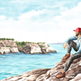 Tourist with a backpack sits on the rocks and look on the Sea cliff, Coastal rocks. Hand drawn watercolor illustration