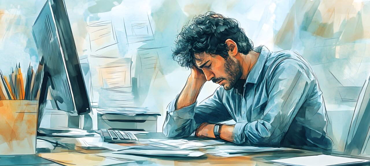 Messy office desk working man stressed frustration overwhelm burnout, paper files folders, stress work overtime busy businessman, finance business worker headache mental health balance high pressure