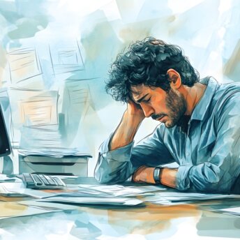 Messy office desk working man stressed frustration overwhelm burnout, paper files folders, stress work overtime busy businessman, finance business worker headache mental health balance high pressure