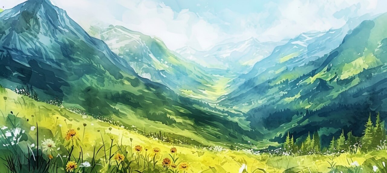 Cool and refreshing watercolor depicting high mountains covered with summer meadows and valleys