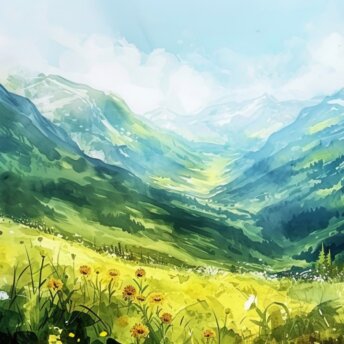 Cool and refreshing watercolor depicting high mountains covered with summer meadows and valleys
