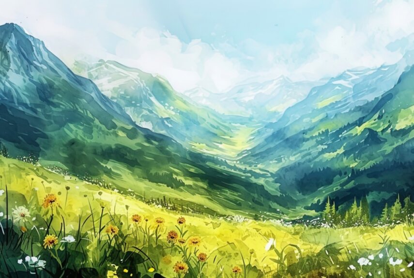 Cool and refreshing watercolor depicting high mountains covered with summer meadows and valleys