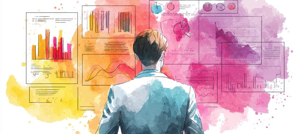 Business analytics flat design side view technology theme watercolor Triadic Color Scheme.